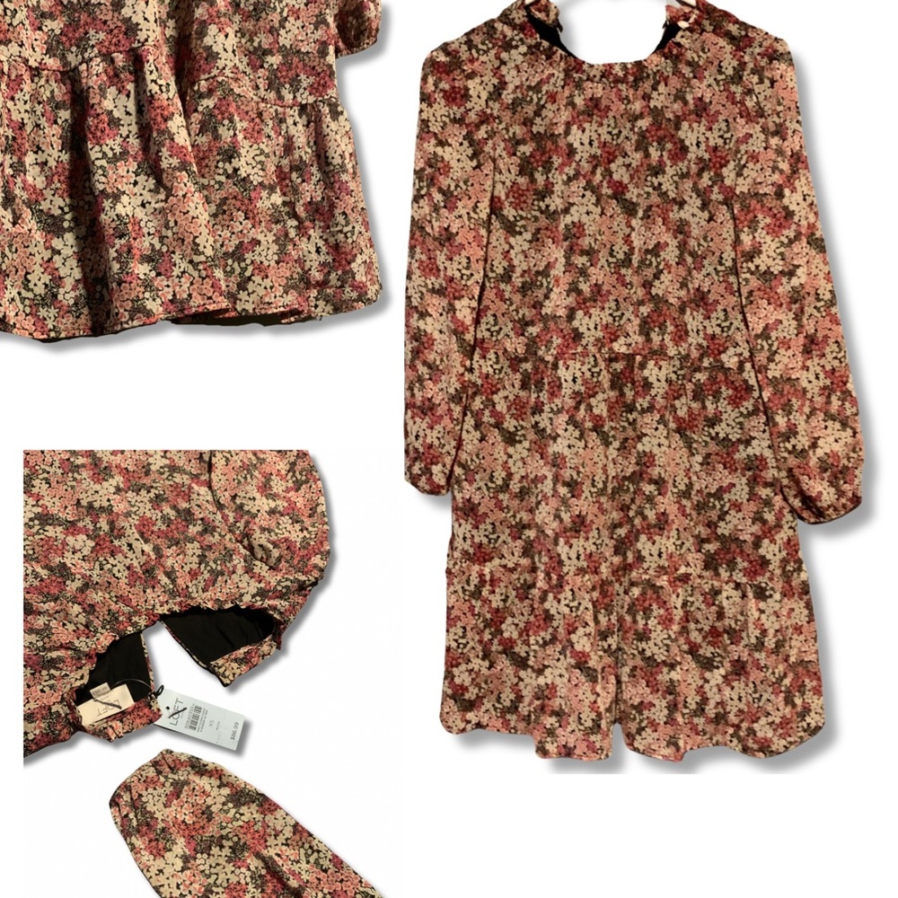 LOFT Red floral dress sz xs petite black casual elegant long sleeve lightweight